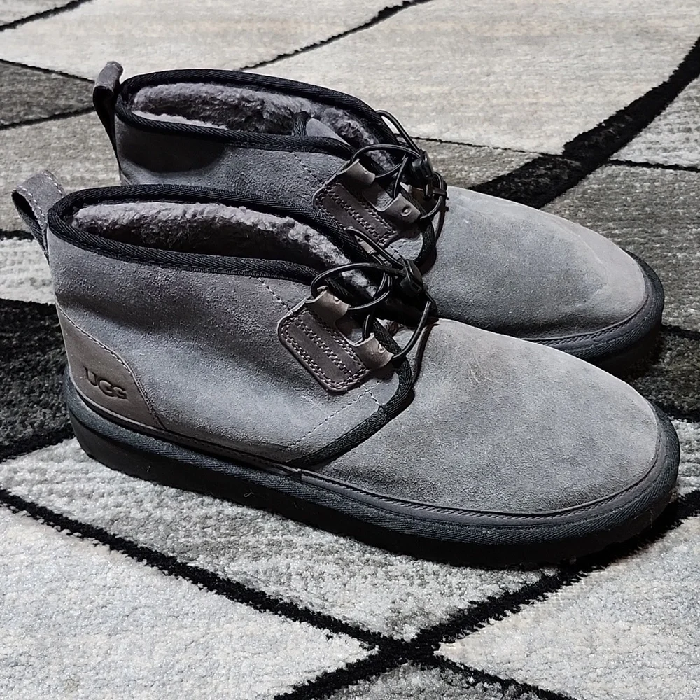 UGG NEUMEL GHILLIE GRAY SUEDE SHEEPSKIN ELASTIC LACES EMBOSSED LOGO SHOES